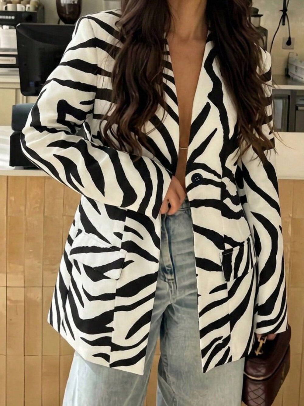 Black & White Casual Women's V-Neck Zebra Print Long Sleeve Blazer
